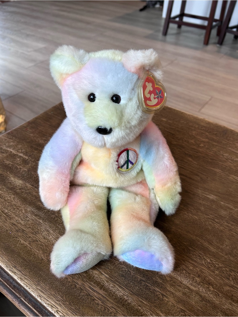 NWT Ty Beanie Buddy Peace Bear 14” Pastel Tie Dye Plush Stuffed Animal Retired